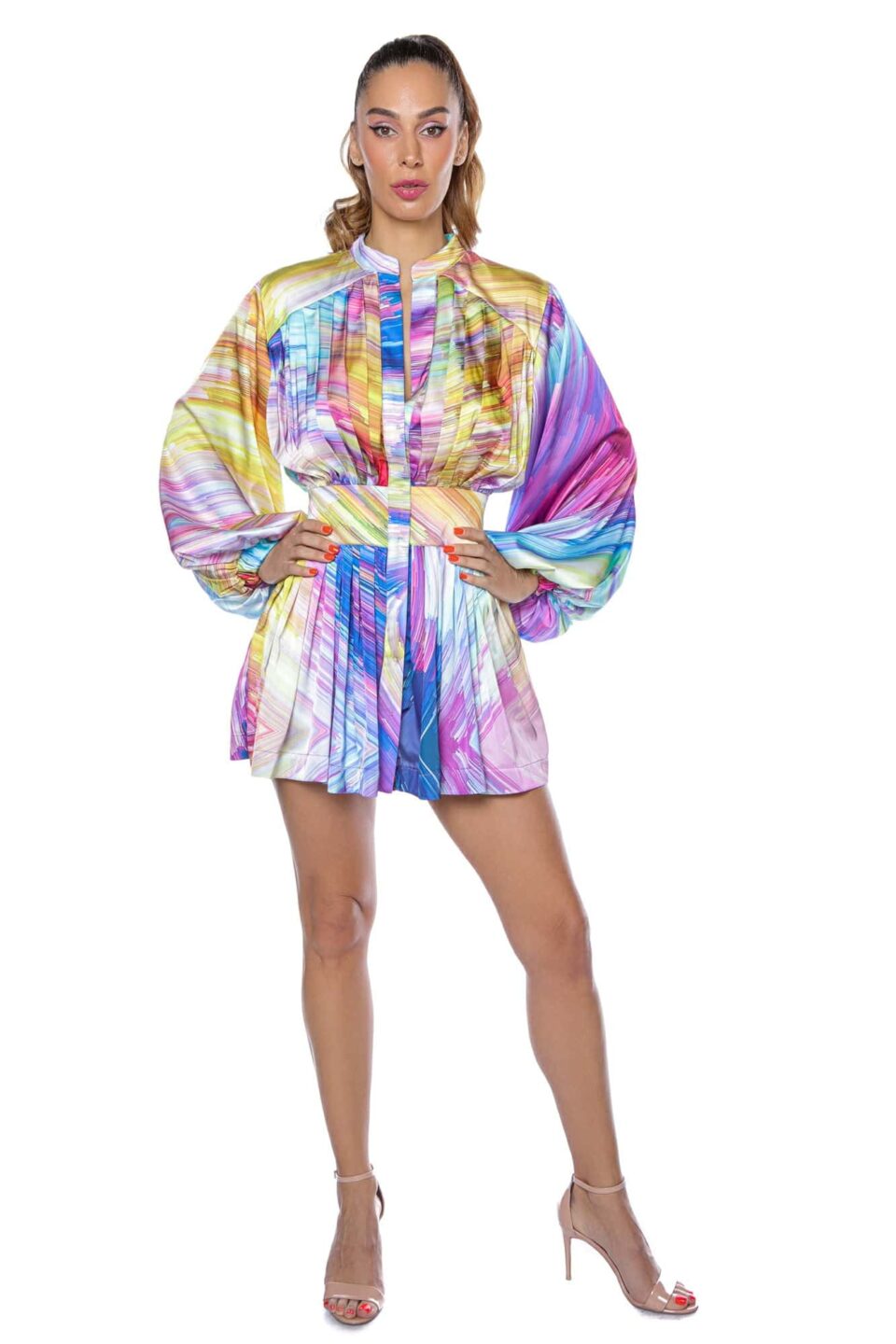 Rochie mini cu mâneci bufante și jupă amplă cambrată pe talie